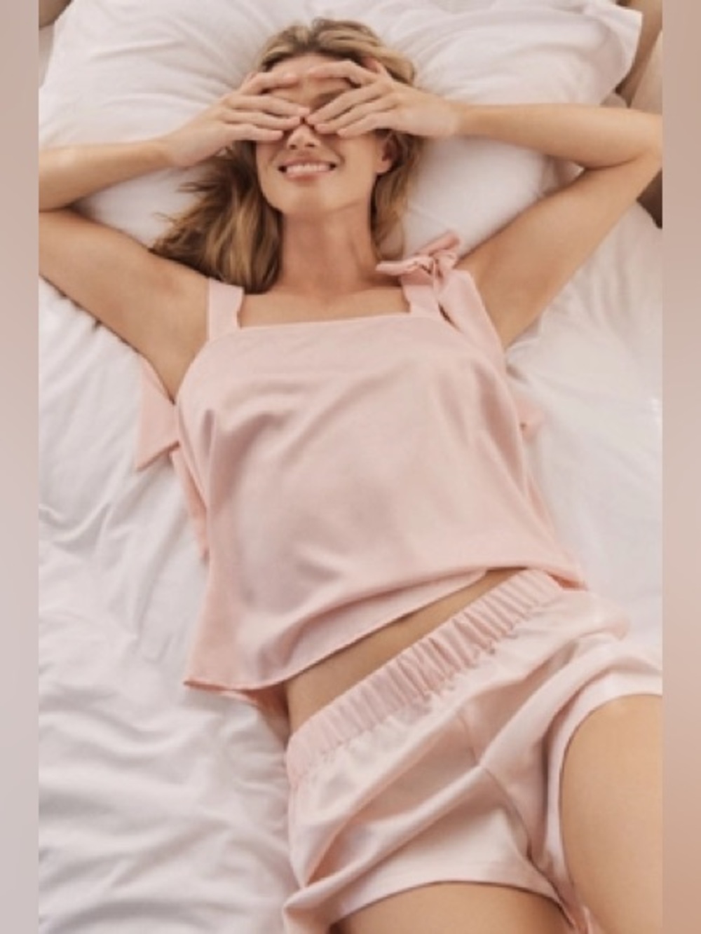 Rya Anthropologie Blush Pink Satin Pajama Set - Tie-Shoulder Camisole & Shorts